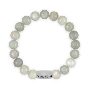 Top view of a 10mm Moonstone beaded stretch bracelet with silver stainless steel logo bead made by Voltlin