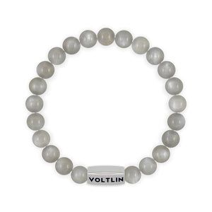 Top view of an 8mm Moonstone beaded stretch bracelet with silver stainless steel logo bead made by Voltlin
