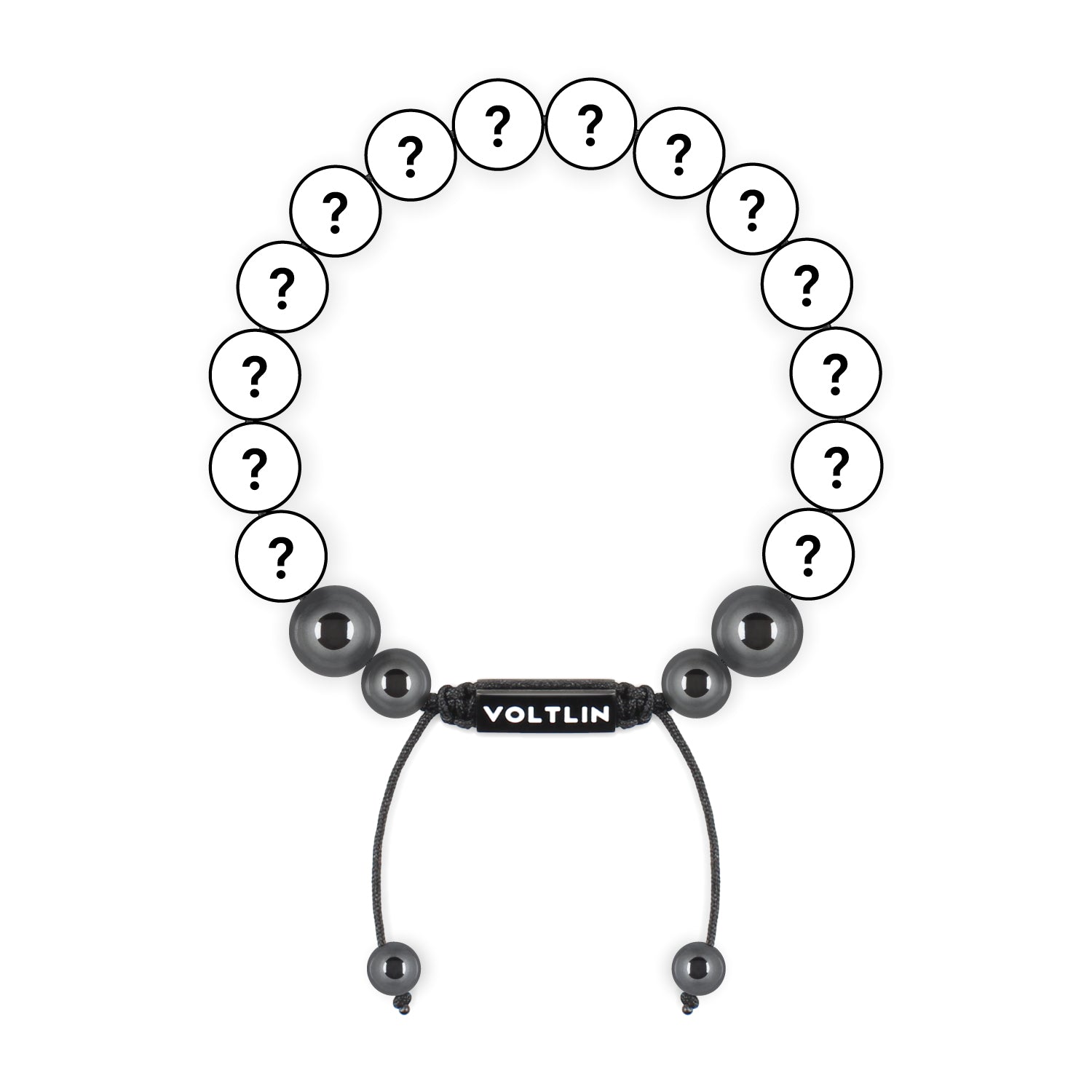 Top view of a 10mm Mystery crystal beaded shamballa bracelet with black stainless steel logo bead made by Voltlin