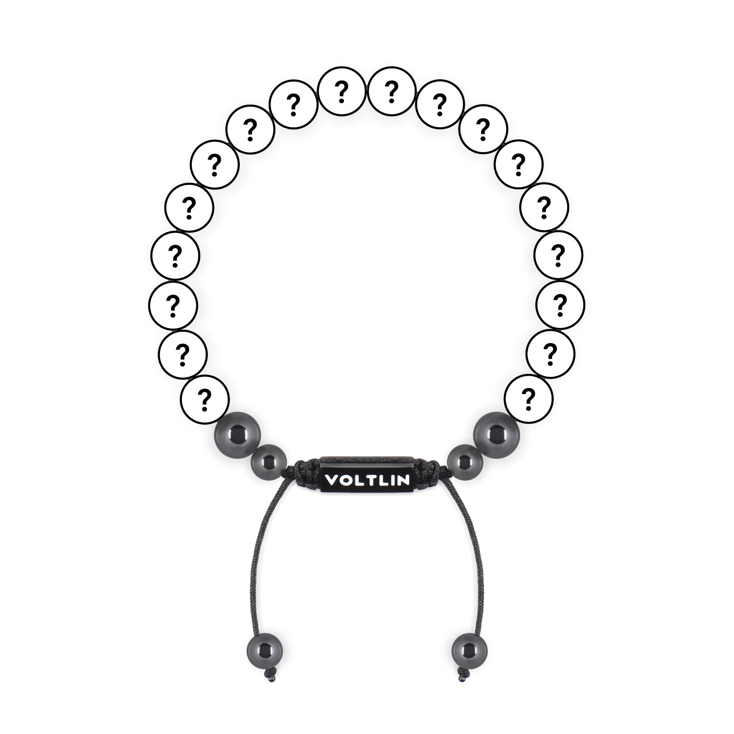Top view of an 8mm Mystery crystal beaded shamballa bracelet with black stainless steel logo bead made by Voltlin