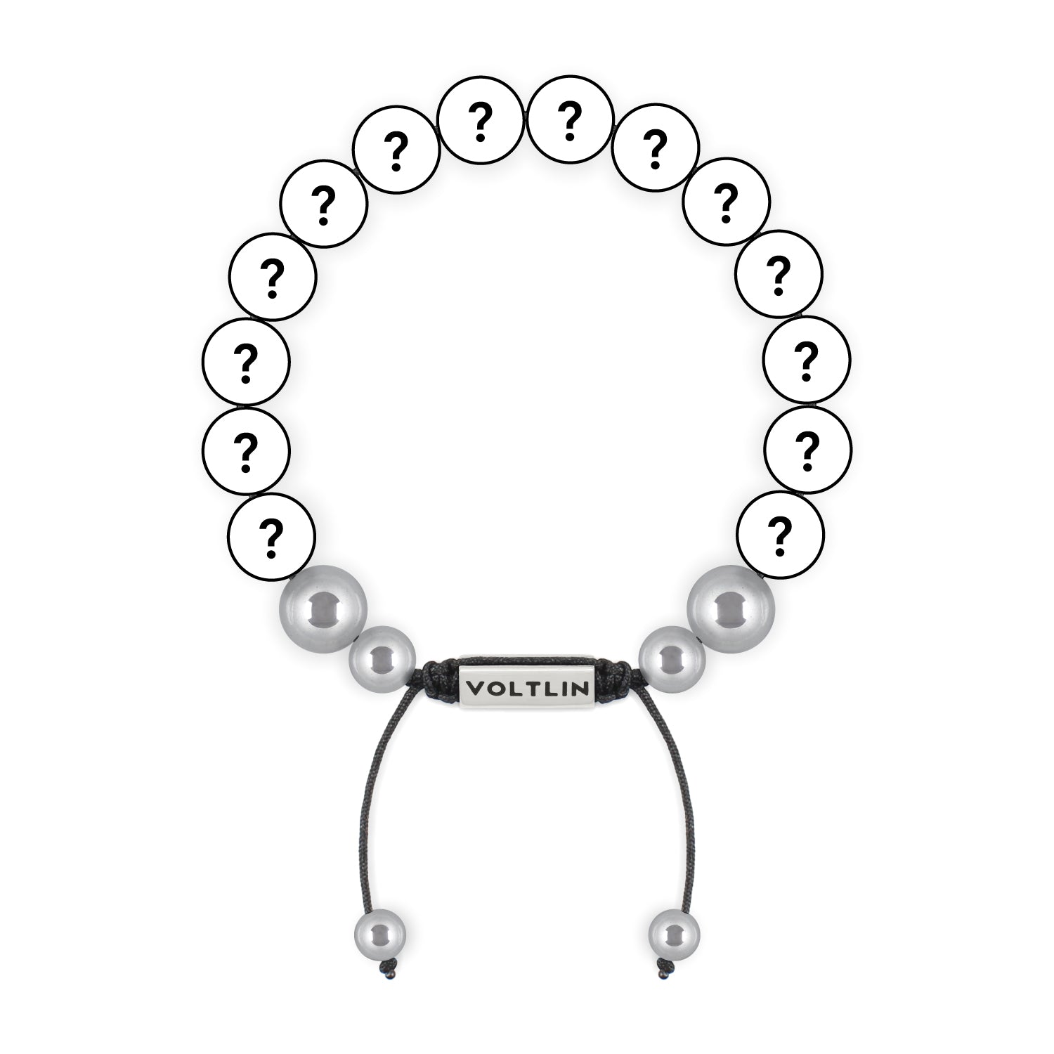 Top view of a 10mm Mystery beaded shamballa bracelet with silver stainless steel logo bead made by Voltlin