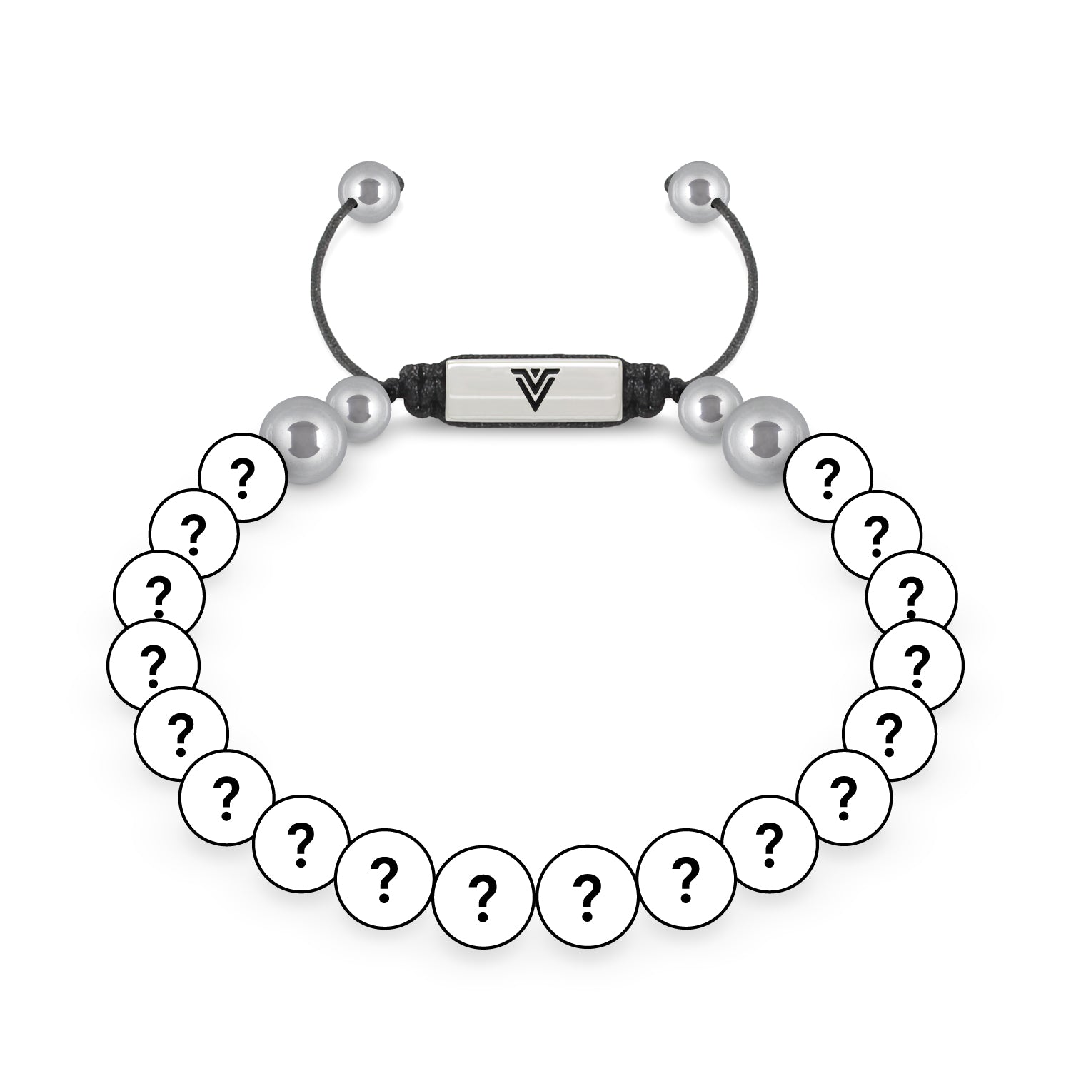 Front view of an 8mm Mystery beaded shamballa bracelet with silver stainless steel logo bead made by Voltlin