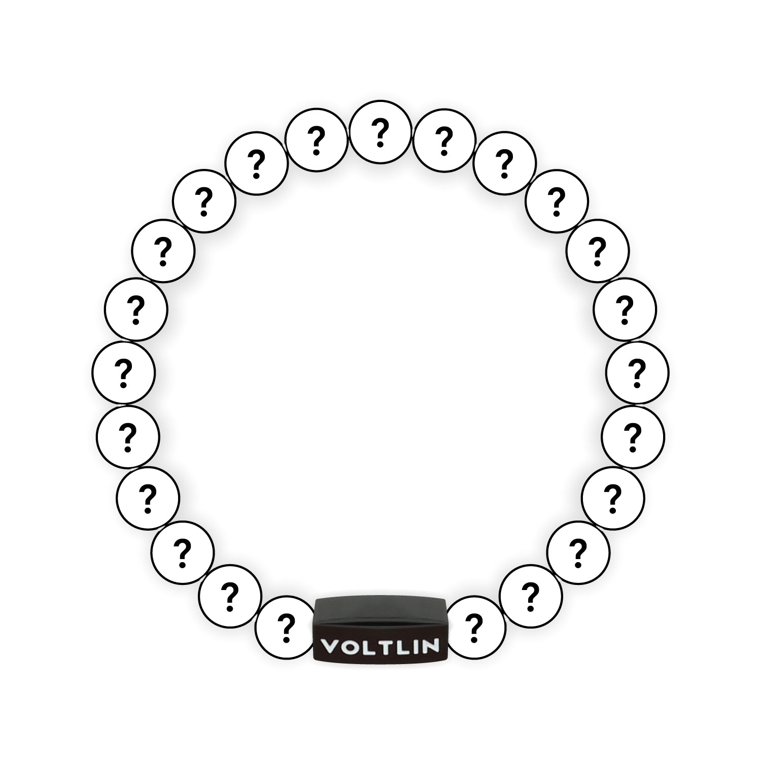 Top view of an 8mm Mystery crystal beaded stretch bracelet with black stainless steel logo bead made by Voltlin