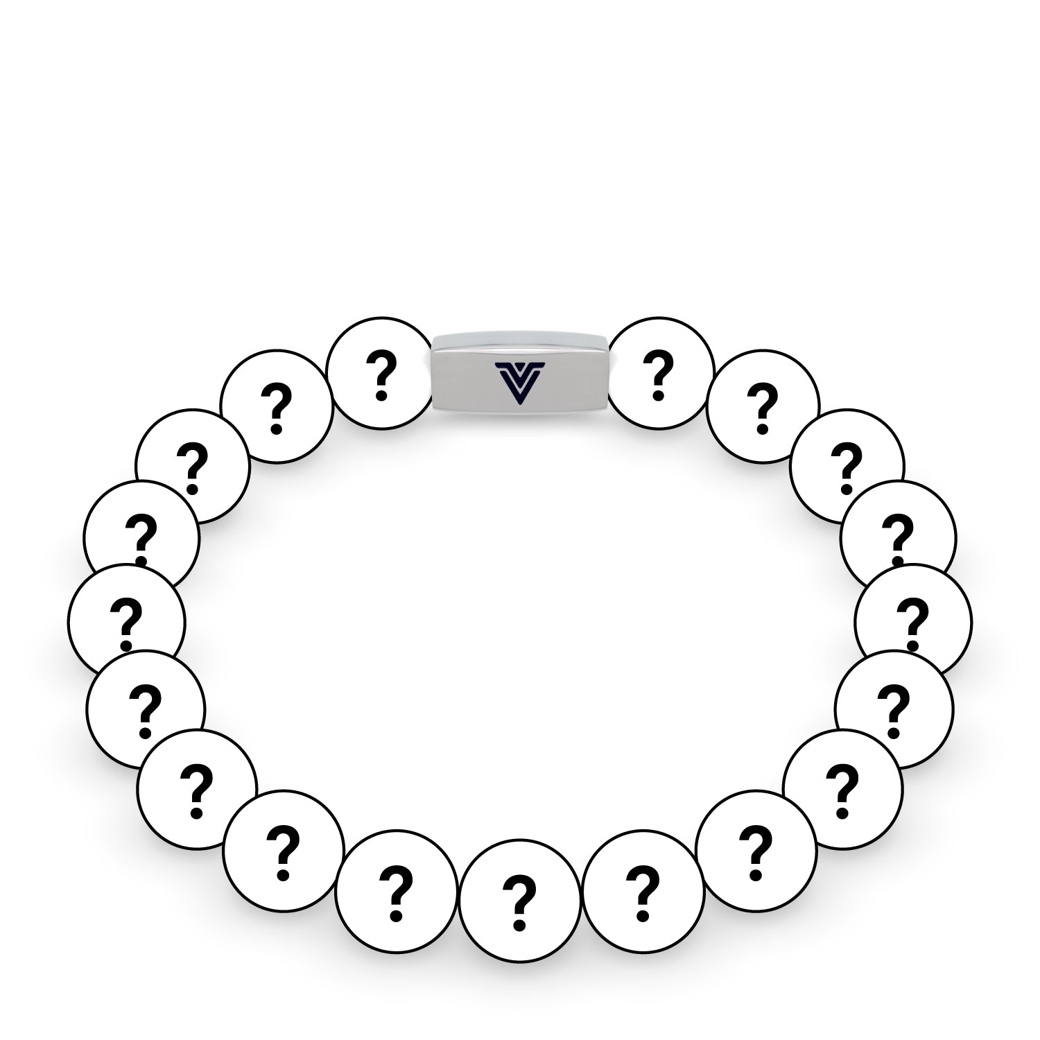 Front view of a 10mm Mystery beaded stretch bracelet with silver stainless steel logo bead made by Voltlin