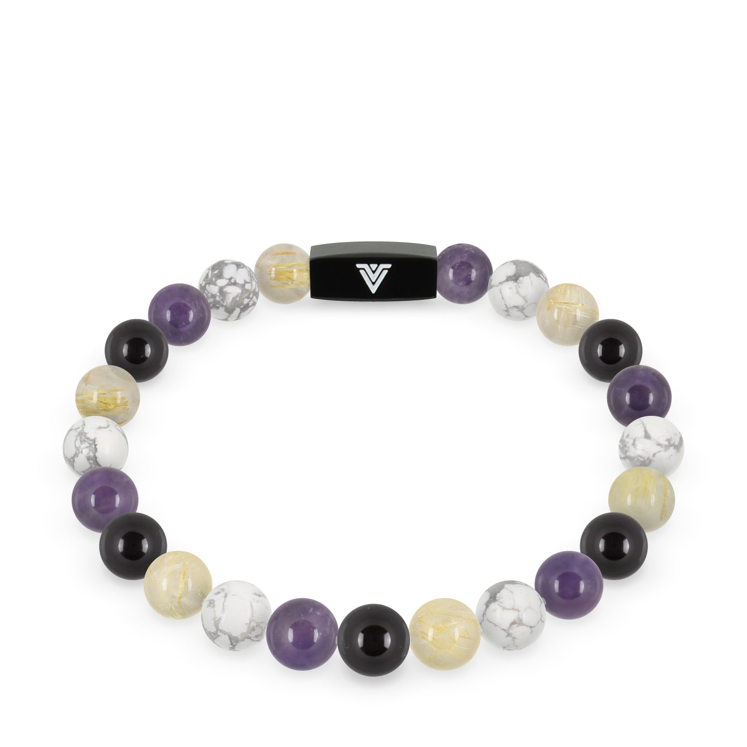Front view of an 8mm Nonbinary Pride crystal beaded stretch bracelet with black stainless steel logo bead made by Voltlin