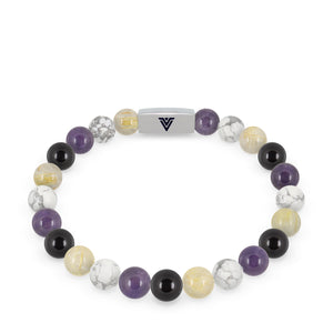 Front view of an 8mm Nonbinary Pride beaded stretch bracelet with silver stainless steel logo bead made by Voltlin