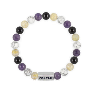 Top view of an 8mm Nonbinary Pride beaded stretch bracelet with silver stainless steel logo bead made by Voltlin