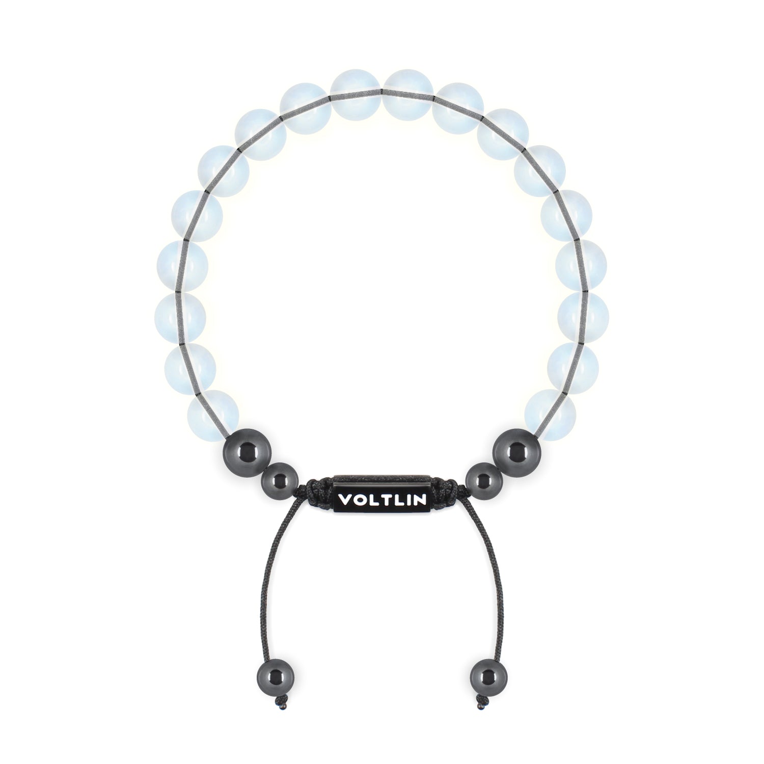 Top view of an 8mm Opalite crystal beaded shamballa bracelet with black stainless steel logo bead made by Voltlin
