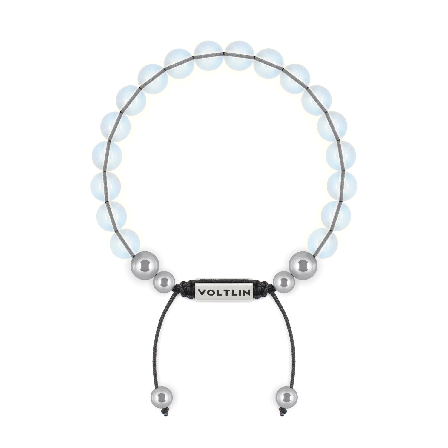 Front view of an 8mm Opalite beaded shamballa bracelet with silver stainless steel logo bead made by Voltlin