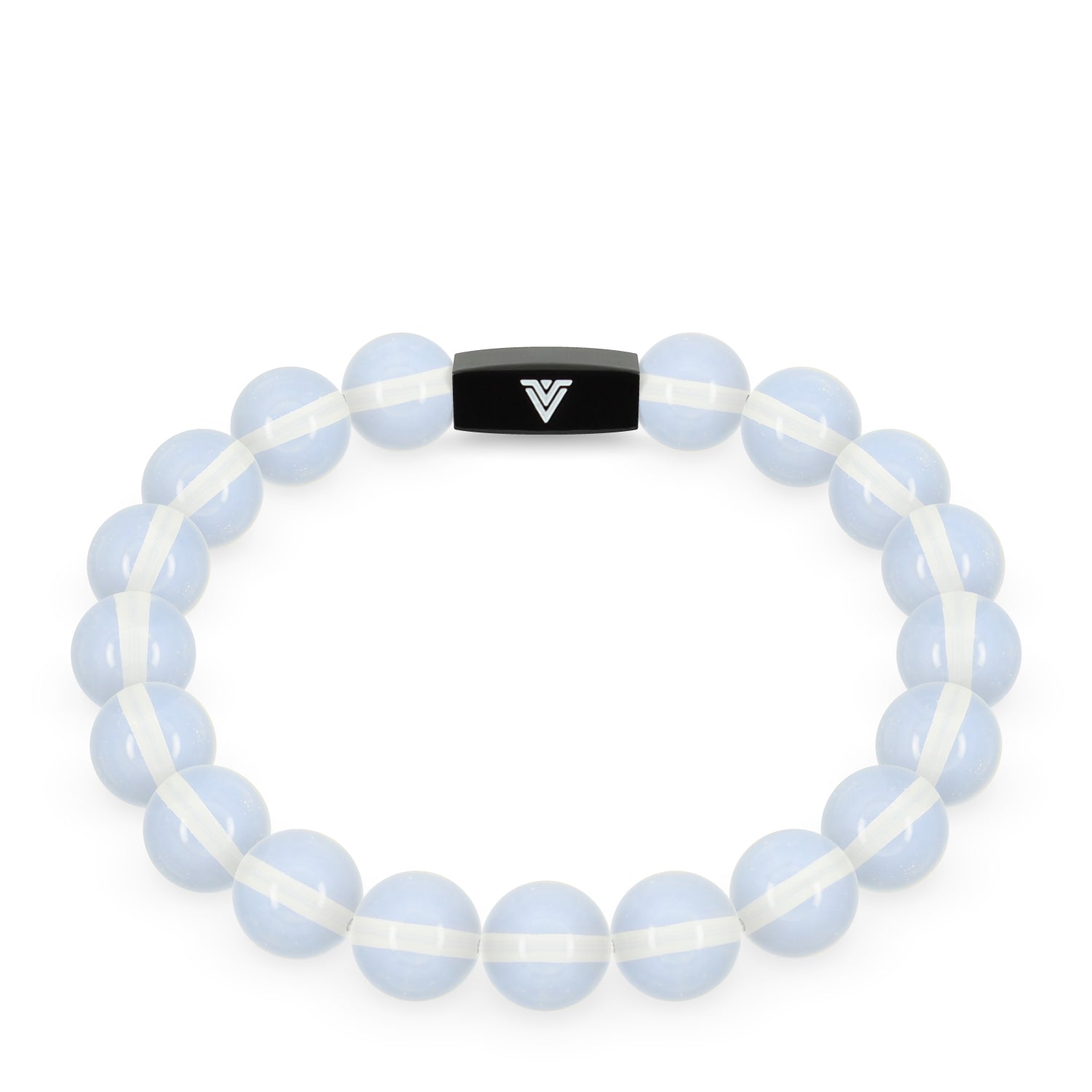 Front view of a 10mm Oaplite crystal beaded stretch bracelet with black stainless steel logo bead made by Voltlin