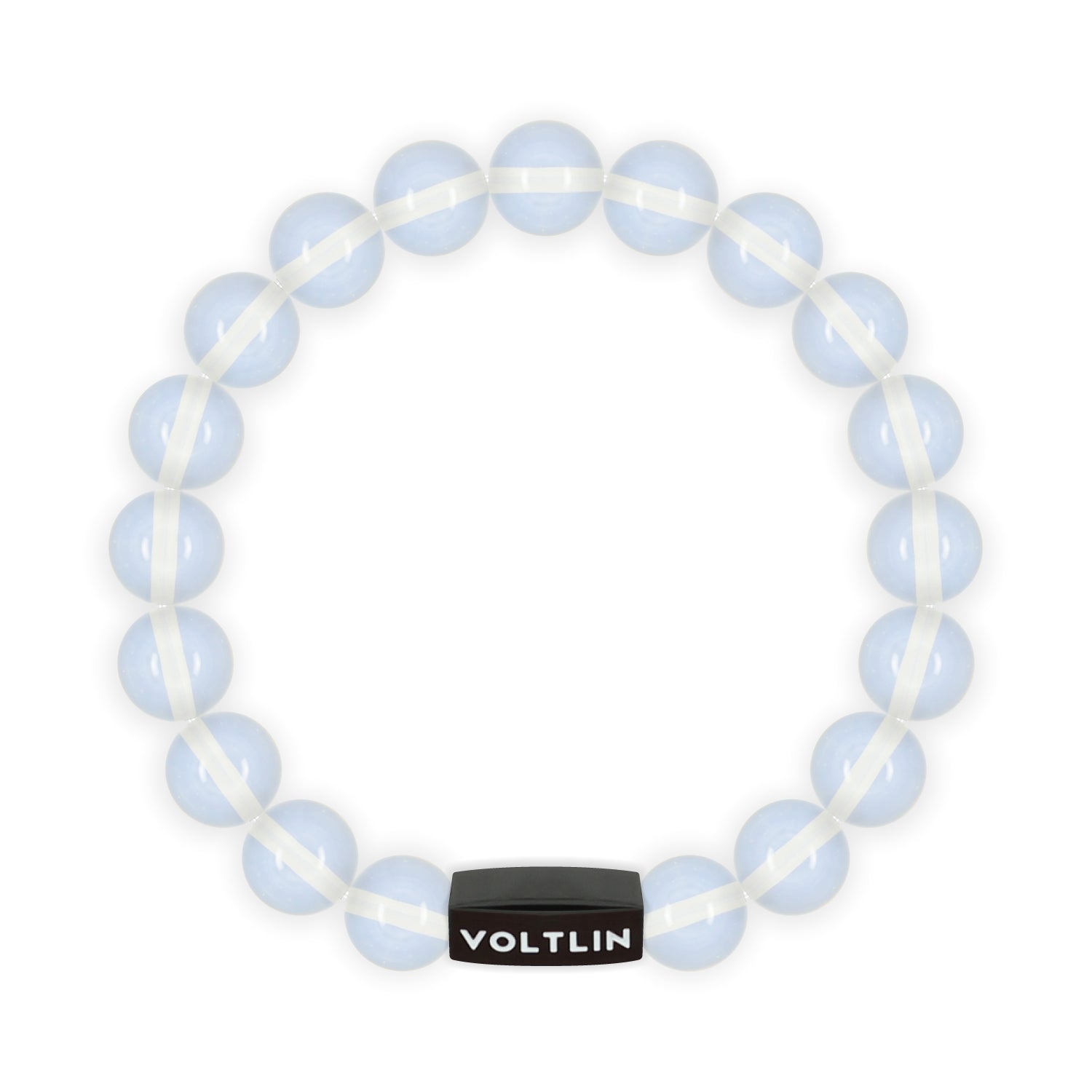 Top view of a 10mm Oaplite crystal beaded stretch bracelet with black stainless steel logo bead made by Voltlin