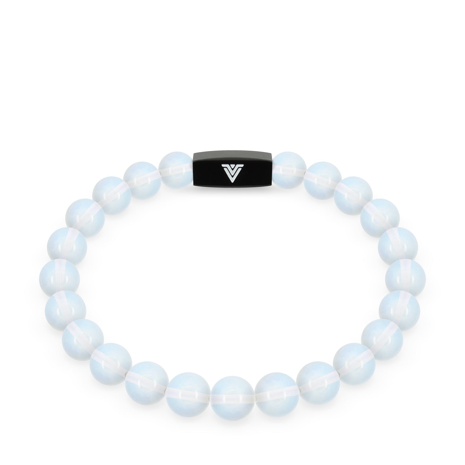 Front view of an 8mm Oaplite crystal beaded stretch bracelet with black stainless steel logo bead made by Voltlin
