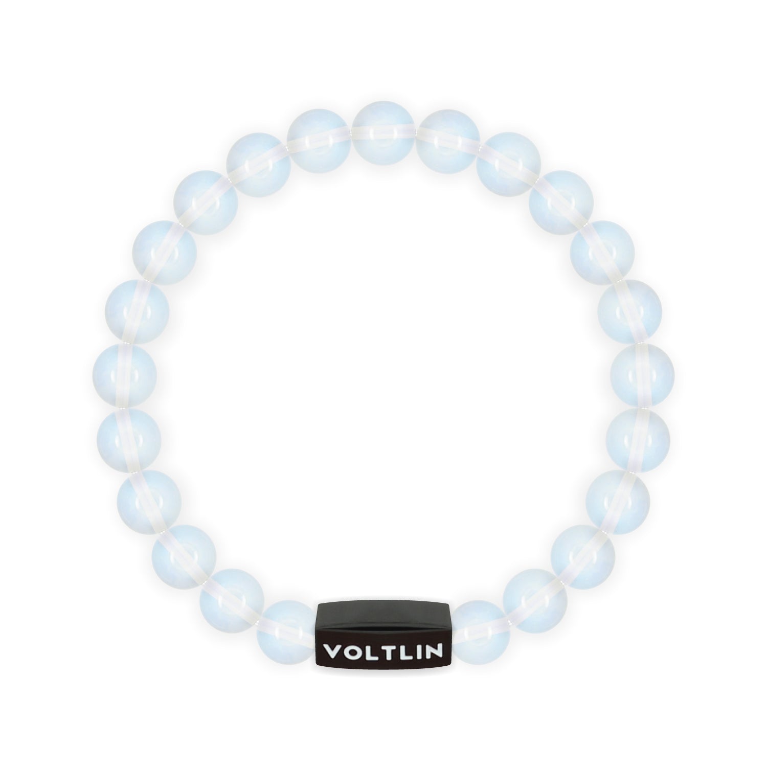 Top view of an 8mm Oaplite crystal beaded stretch bracelet with black stainless steel logo bead made by Voltlin