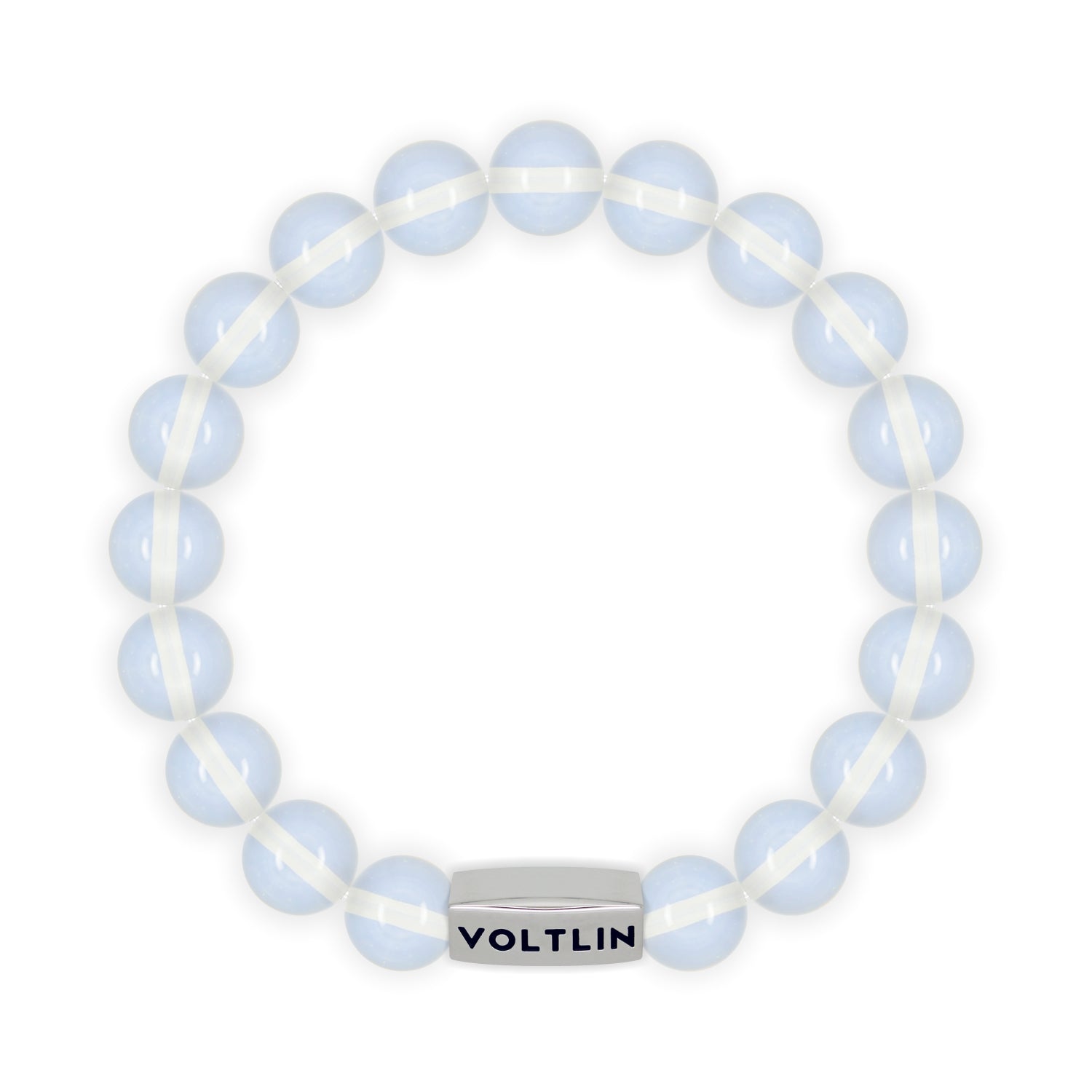 Top view of a 10mm Opalite beaded stretch bracelet with silver stainless steel logo bead made by Voltlin