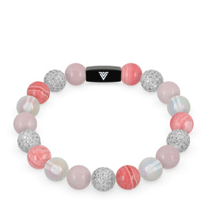 Front view of a 10 mm Pink Sirius beaded stretch bracelet featuring Rose Quartz, Silver Pave, Rhodochrosite, & Angel Aura Quartz crystal and black stainless steel logo bead made by Voltlin