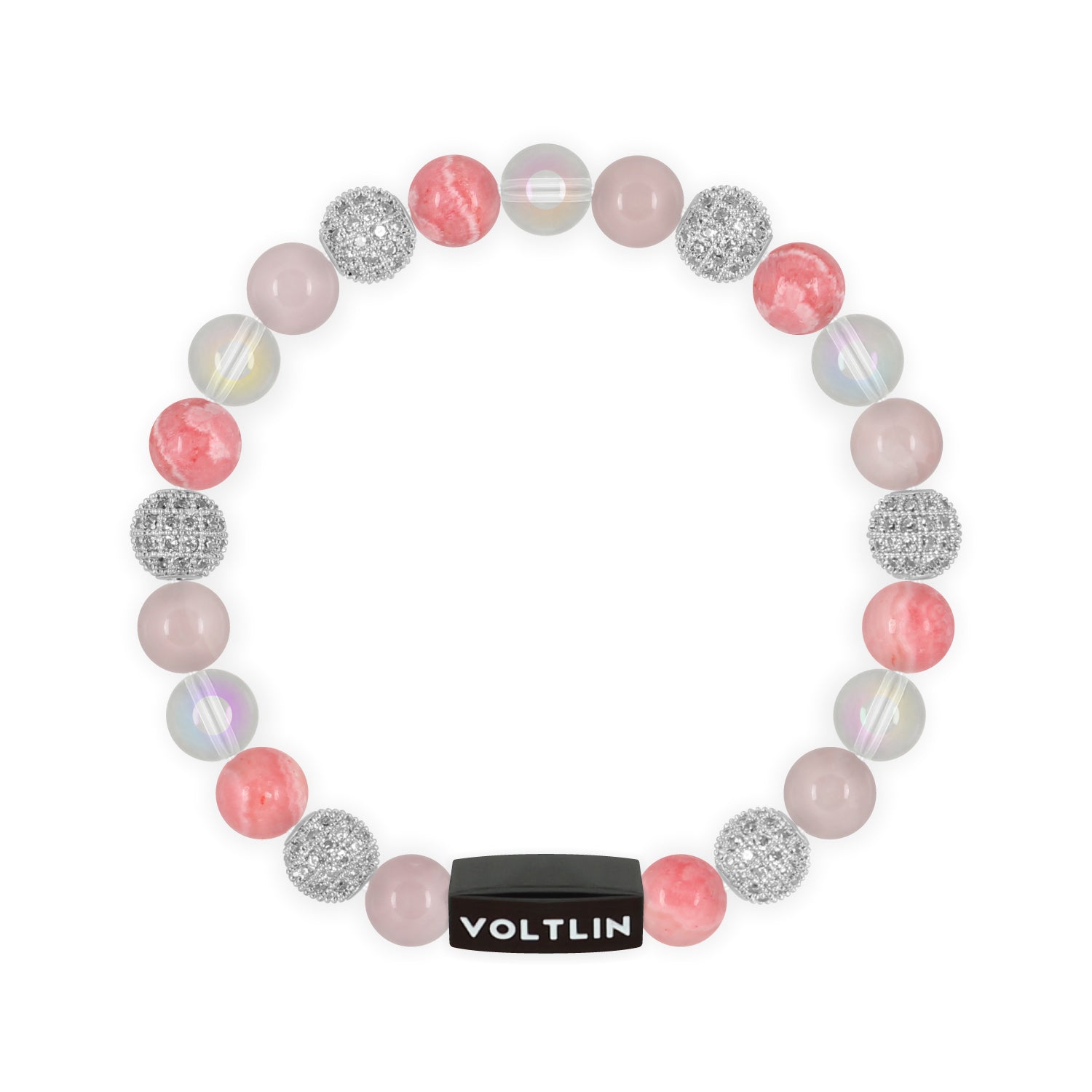 Top view of an 8 mm Pink Sirius beaded stretch bracelet featuring Rose Quartz, Silver Pave, Rhodochrosite, & Angel Aura Quartz crystal and black stainless steel logo bead made by Voltlin