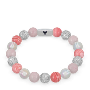 Front view of a 10mm Pink Sirius beaded stretch bracelet featuring Rose Quartz, Silver Pave, Rhodochrosite, & Angel Aura Quartz crystal and silver stainless steel logo bead made by Voltlin