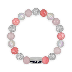 Top view of a 10mm Pink Sirius beaded stretch bracelet featuring Rose Quartz, Silver Pave, Rhodochrosite, & Angel Aura Quartz crystal and silver stainless steel logo bead made by Voltlin