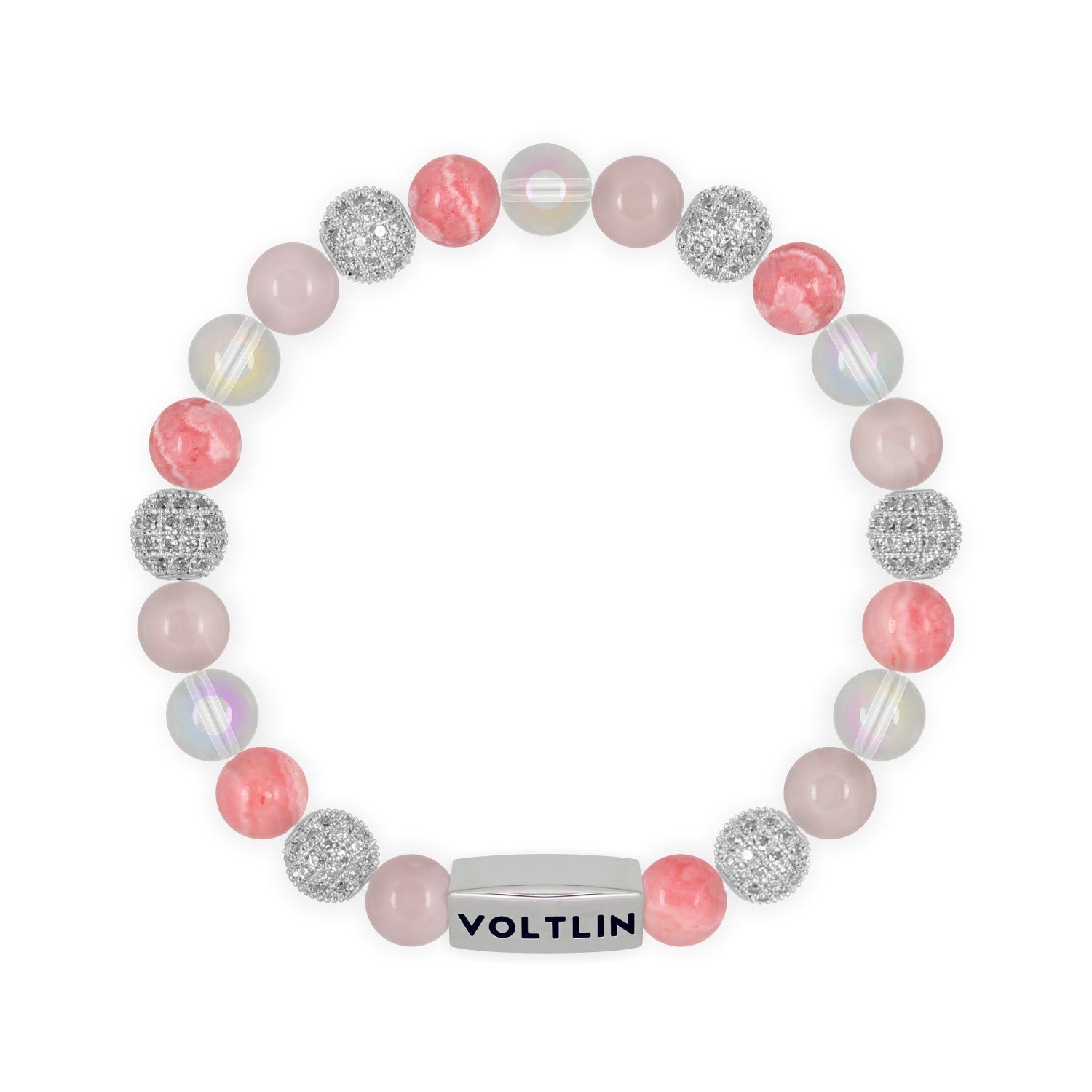 Top view of an 8mm Pink Sirius beaded stretch bracelet featuring Rose Quartz, Silver Pave, Rhodochrosite, & Angel Aura Quartz crystal and silver stainless steel logo bead made by Voltlin