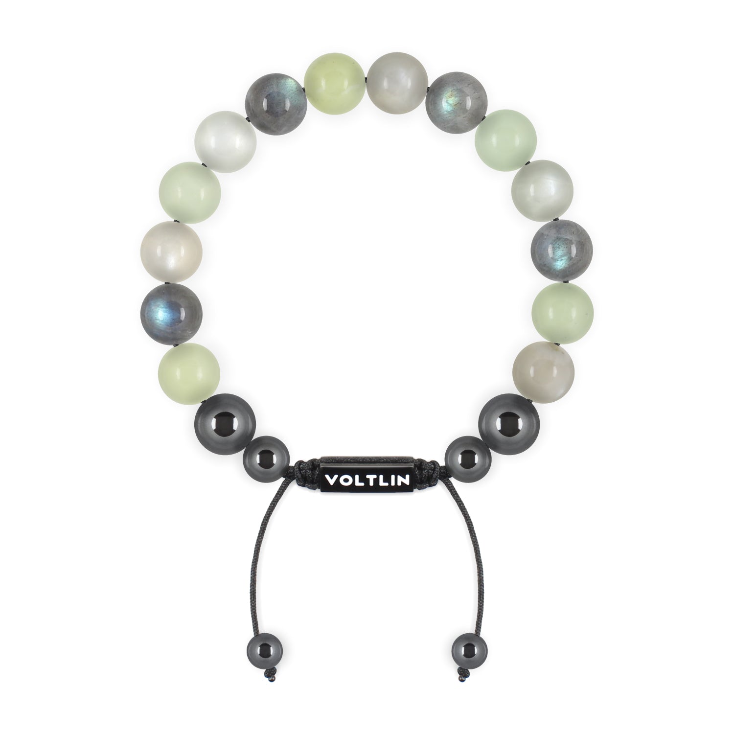 Top view of a 10mm Pisces Zodiac crystal beaded shamballa bracelet with black stainless steel logo bead made by Voltlin