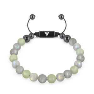 Front view of an 8mm Pisces Zodiac crystal beaded shamballa bracelet with black stainless steel logo bead made by Voltlin