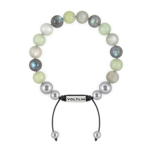Top view of a 10mm Pisces Zodiac beaded shamballa bracelet featuring Jade, Labradorite, & Moonstone crystal and silver stainless steel logo bead made by Voltlin