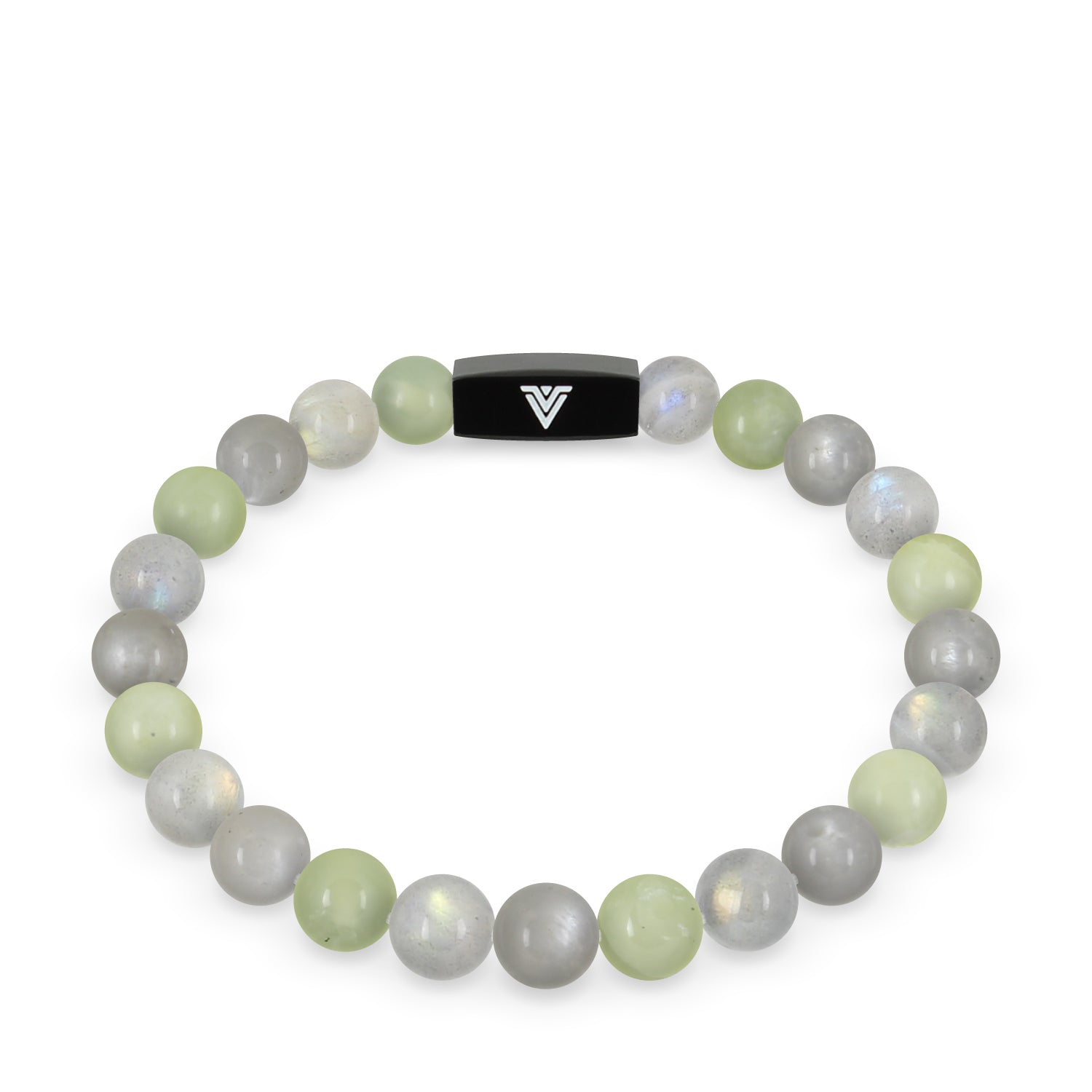 Front view of an 8mm Pisces Zodiac crystal beaded stretch bracelet with black stainless steel logo bead made by Voltlin