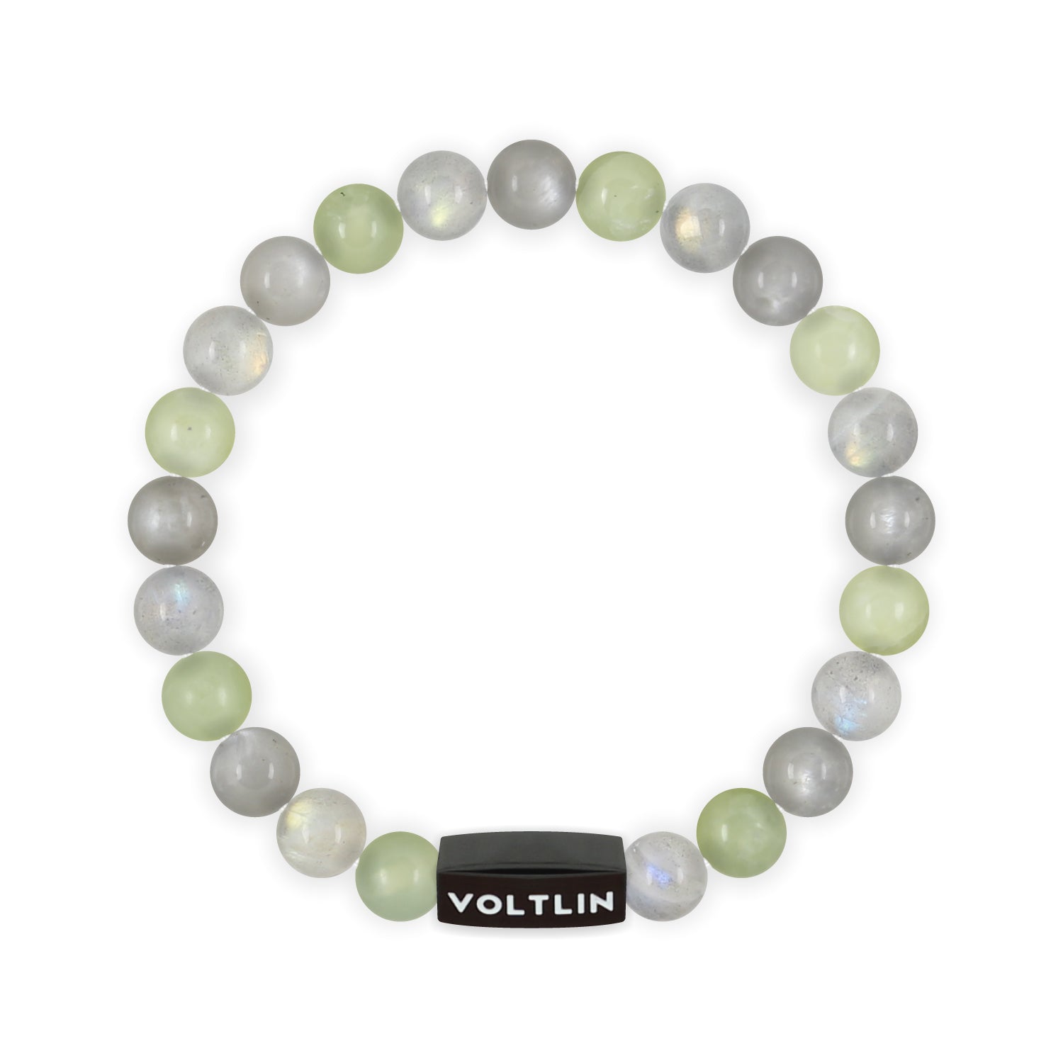 Top view of an 8mm Pisces Zodiac crystal beaded stretch bracelet with black stainless steel logo bead made by Voltlin