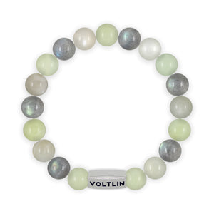 Top view of a 10mm Pisces Zodiac beaded stretch bracelet featuring Jade, Labradorite, & Moonstone crystal and silver stainless steel logo bead made by Voltlin