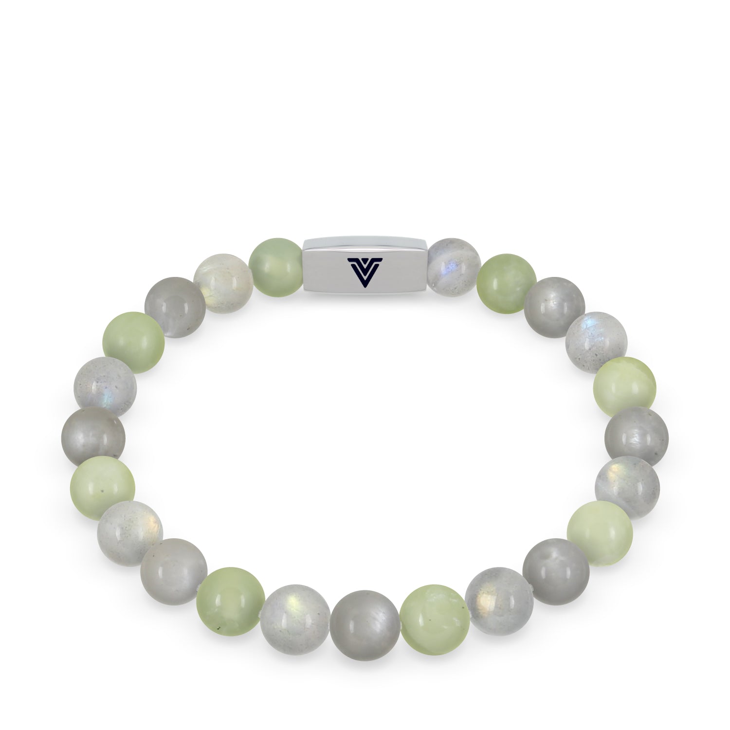 Front view of an 8mm Pisces Zodiac beaded stretch bracelet featuring Jade, Labradorite, & Moonstone crystal and silver stainless steel logo bead made by Voltlin