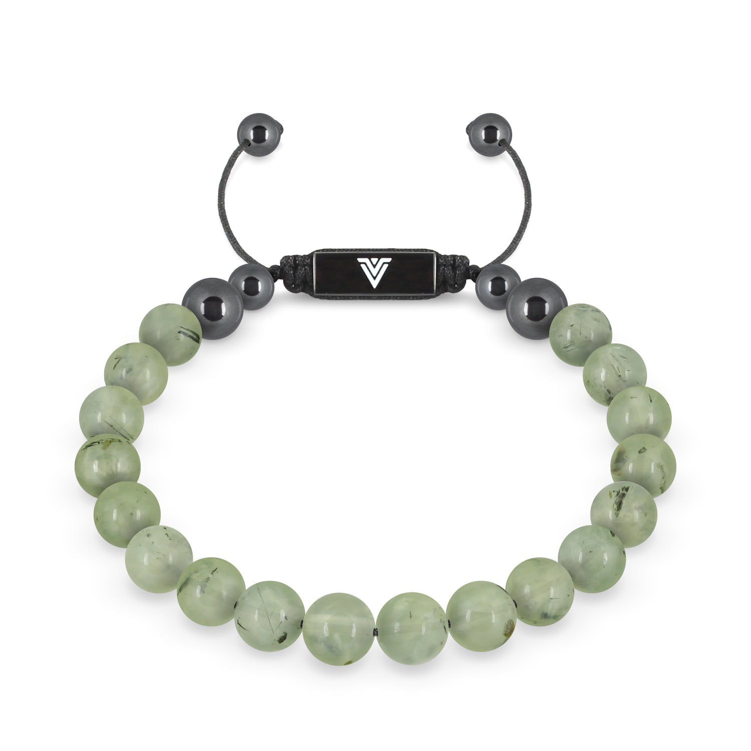 Front view of an 8mm Prehnite crystal beaded shamballa bracelet with black stainless steel logo bead made by Voltlin