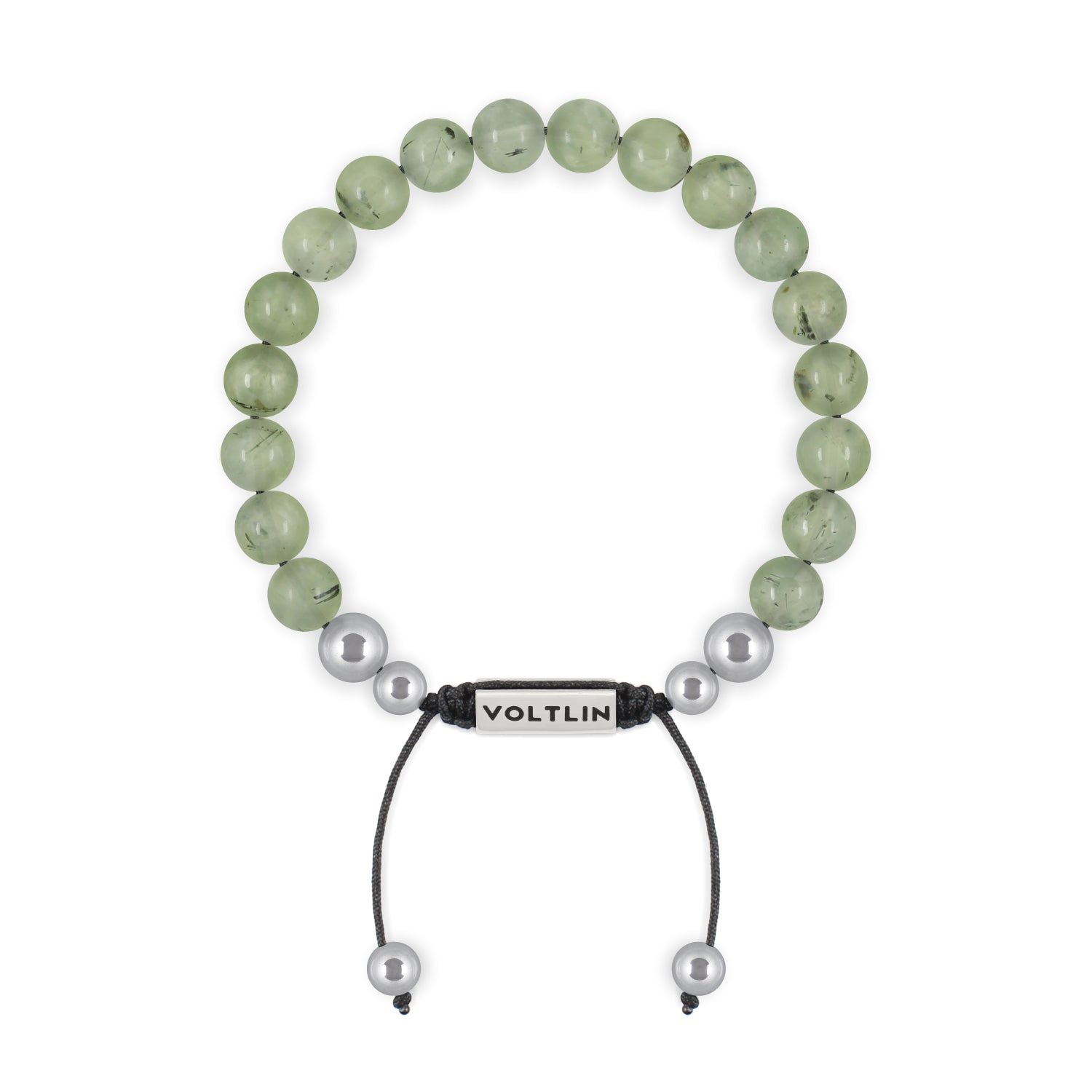 Front view of an 8mm Prehnite beaded shamballa bracelet with silver stainless steel logo bead made by Voltlin