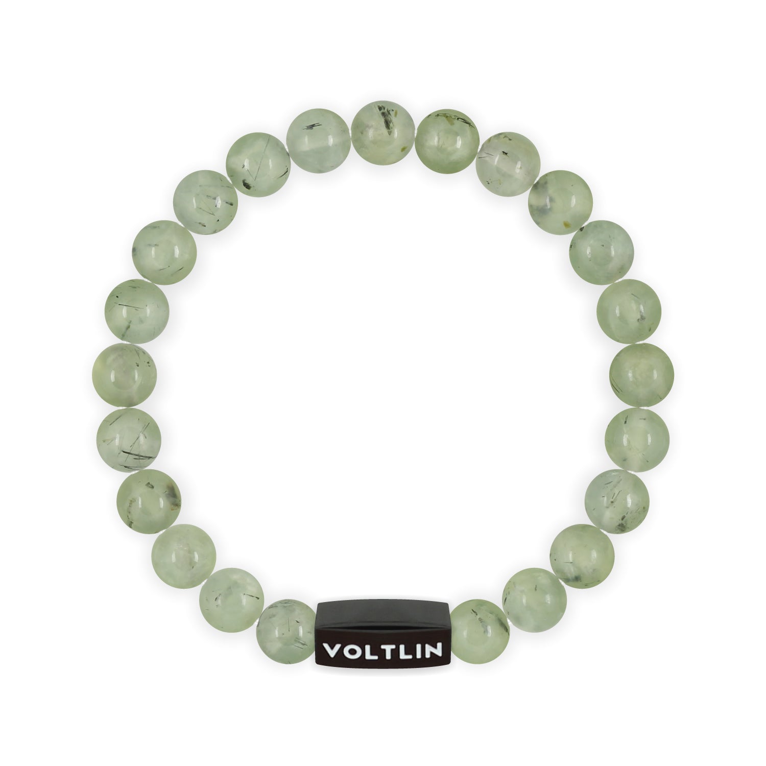 Top view of an 8mm Prehnite crystal beaded stretch bracelet with black stainless steel logo bead made by Voltlin