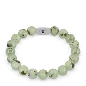 Front view of a 10mm Prehnite beaded stretch bracelet with silver stainless steel logo bead made by Voltlin