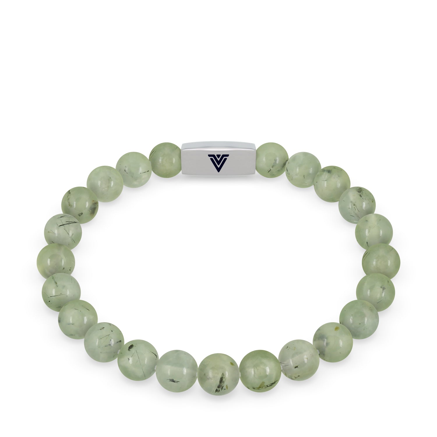 Front view of an 8mm Prehnite beaded stretch bracelet with silver stainless steel logo bead made by Voltlin