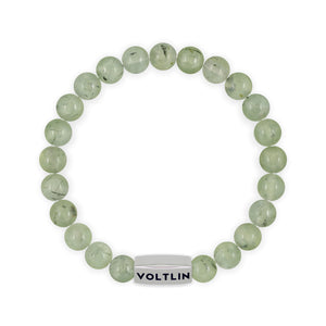 Top view of an 8mm Prehnite beaded stretch bracelet with silver stainless steel logo bead made by Voltlin