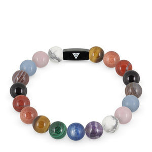 Front view of a 10mm Progress Pride crystal beaded stretch bracelet with black stainless steel logo bead made by Voltlin