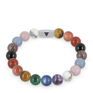 Front view of a 10mm Progress Pride beaded stretch bracelet with silver stainless steel logo bead made by Voltlin