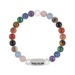 Top view of an 8mm Progress Pride beaded stretch bracelet with silver stainless steel logo bead made by Voltlin