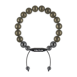 Top view of a 10mm Pyrite crystal beaded shamballa bracelet with black stainless steel logo bead made by Voltlin