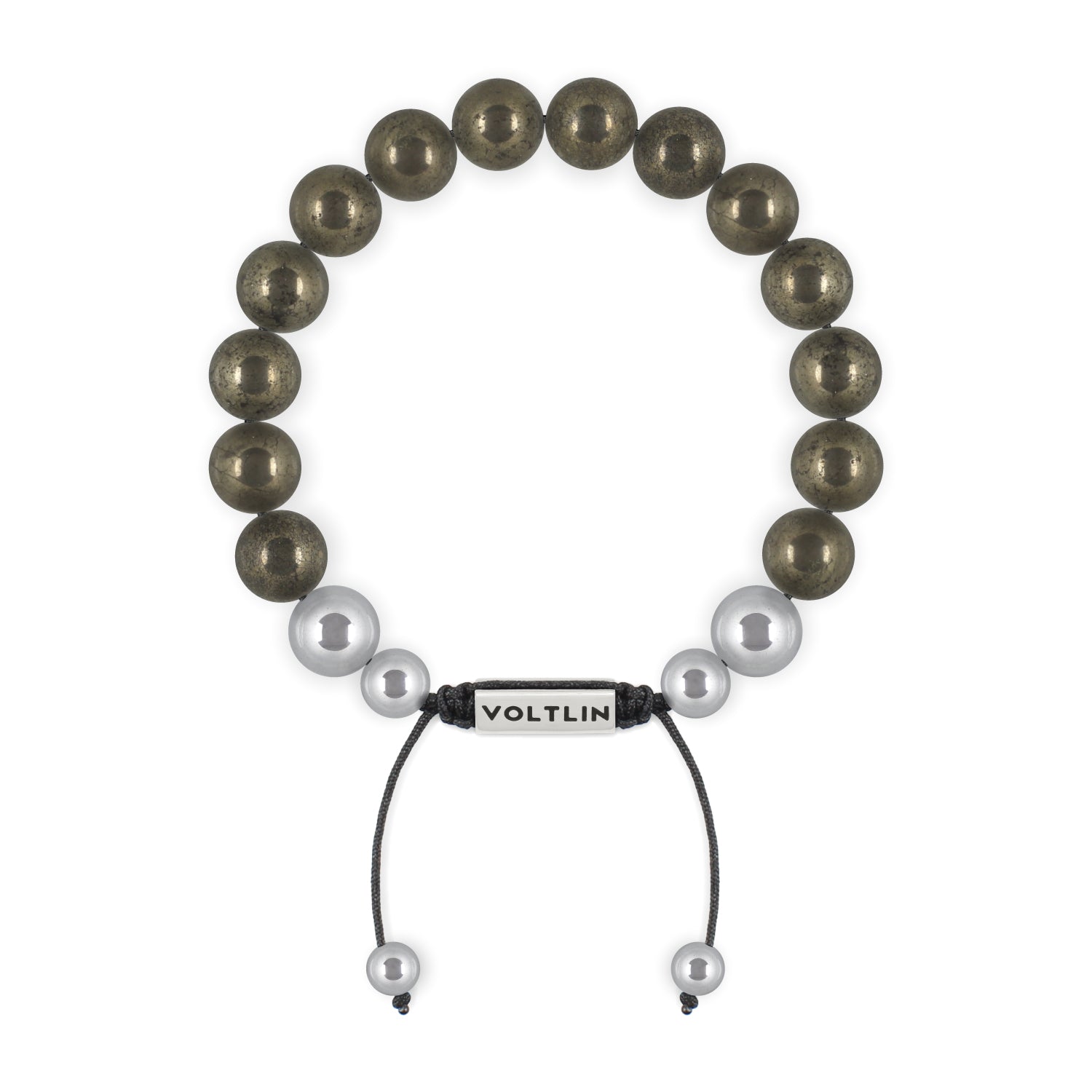 Top view of a 10mm Pyrite beaded shamballa bracelet with silver stainless steel logo bead made by Voltlin
