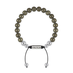 Top view of an 8mm Pyrite beaded shamballa bracelet with silver stainless steel logo bead made by Voltlin