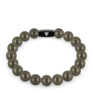 Front view of a 10mm Pyrite crystal beaded stretch bracelet with black stainless steel logo bead made by Voltlin