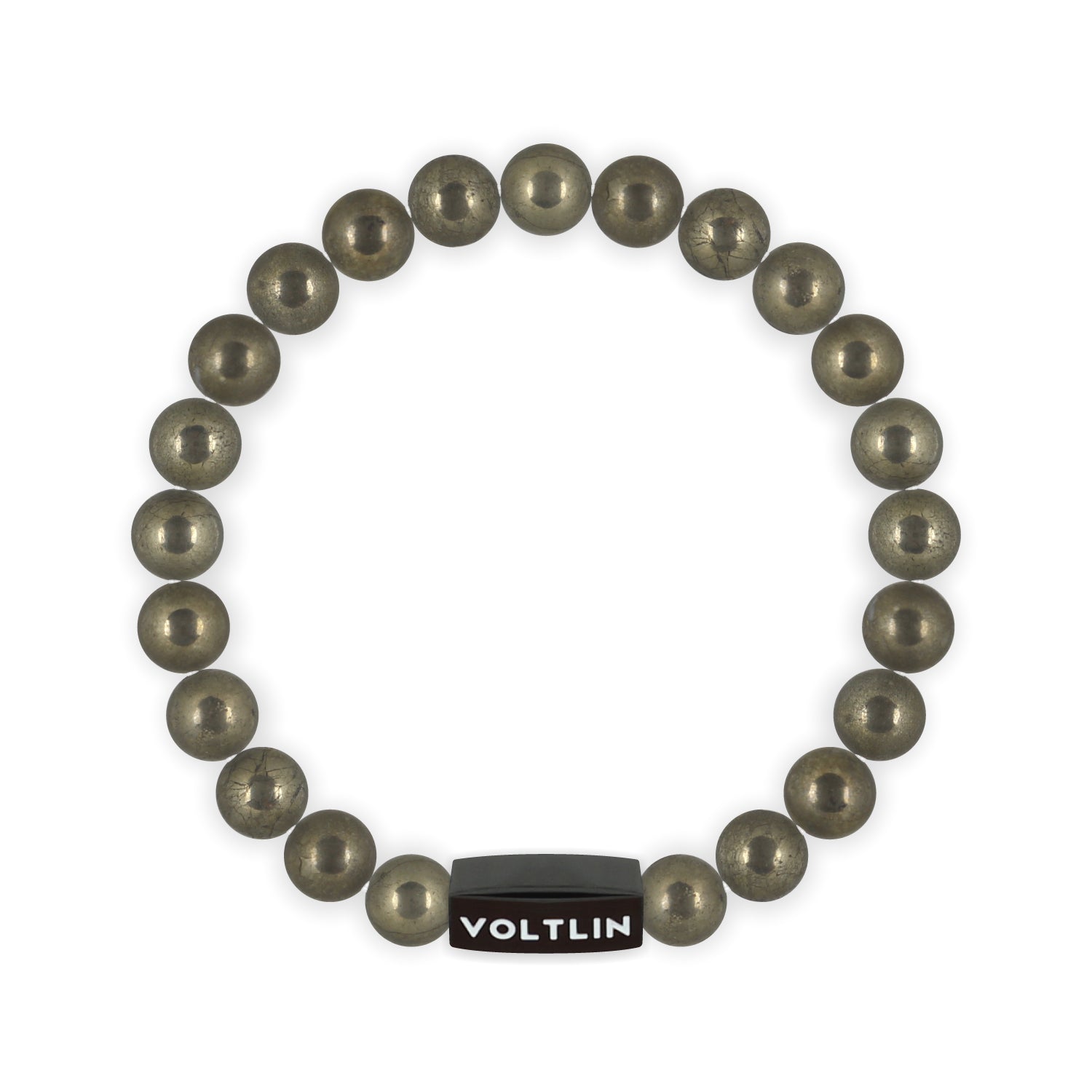 Front view of an 8mm Pyrite crystal beaded stretch bracelet with black stainless steel logo bead made by Voltlin