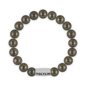 Top view of a 10mm Pyrite beaded stretch bracelet with silver stainless steel logo bead made by Voltlin