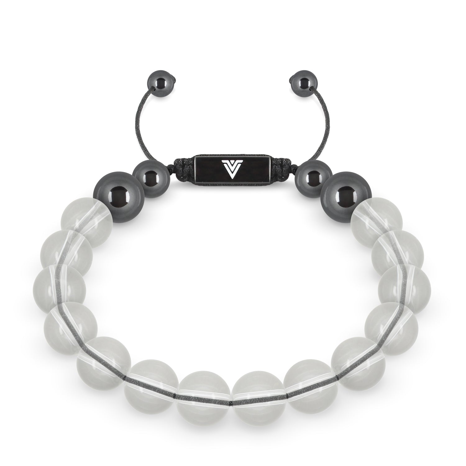 Front view of a 10mm Quartz crystal beaded shamballa bracelet with black stainless steel logo bead made by Voltlin