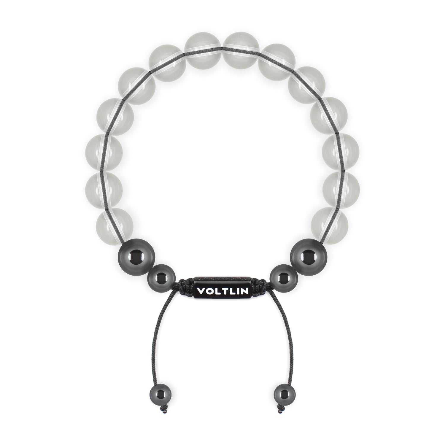 Top view of a 10mm Quartz crystal beaded shamballa bracelet with black stainless steel logo bead made by Voltlin