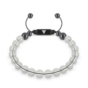 Front view of an 8mm Quartz crystal beaded shamballa bracelet with black stainless steel logo bead made by Voltlin