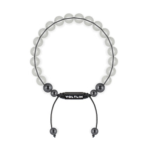 Top view of an 8mm Quartz crystal beaded shamballa bracelet with black stainless steel logo bead made by Voltlin