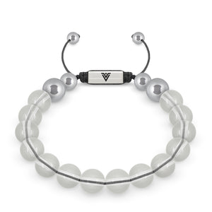Front view of a 10mm Quartz beaded shamballa bracelet with silver stainless steel logo bead made by Voltlin